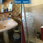 rénovation salle de bain meuble vasque miroir paroi verre séparation douche faïence grise Saint-Avé