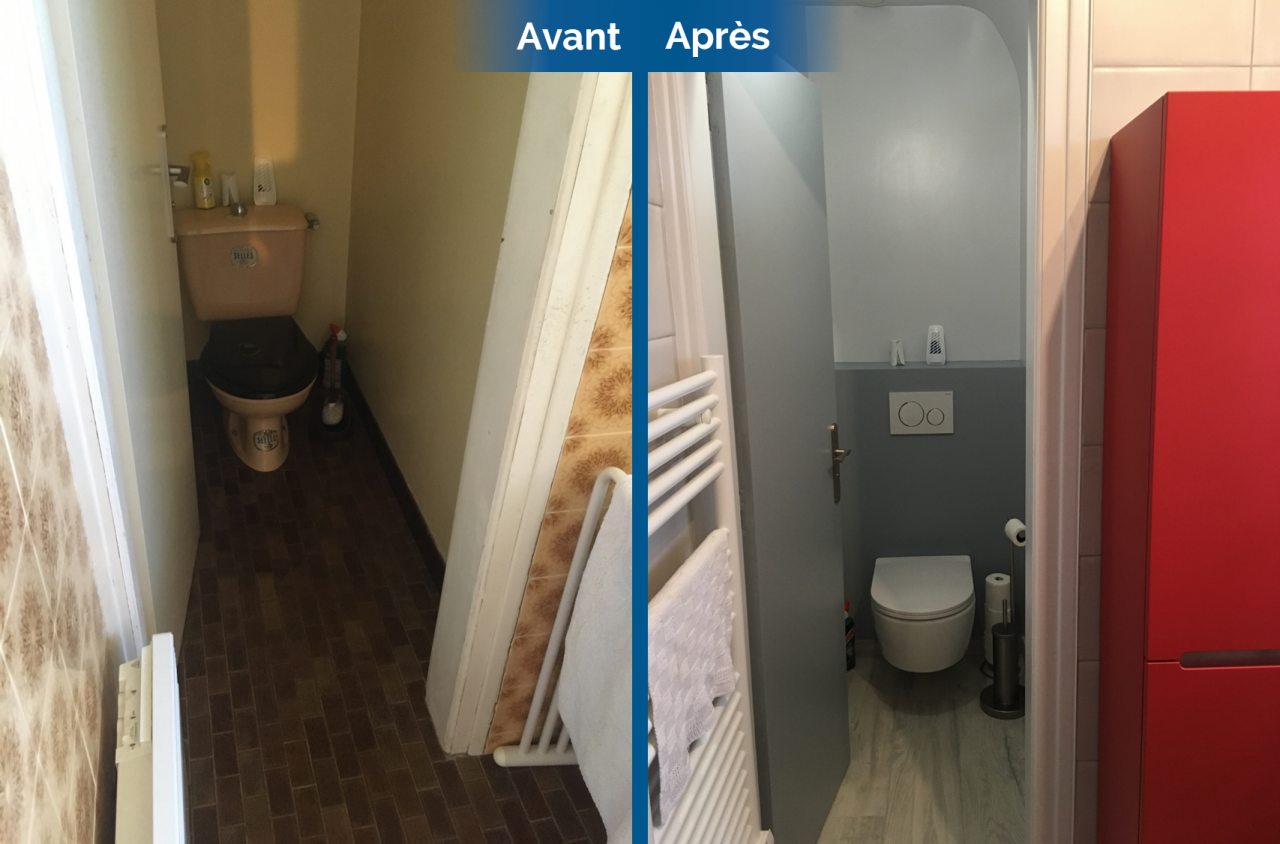 Avant/après d’une rénovation de salle de bain et de WC à Saint-Avé (56)