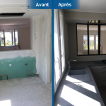 rénovation maison cuisine aménagée équipée gris blanc verrière d'intérieur Toulouse