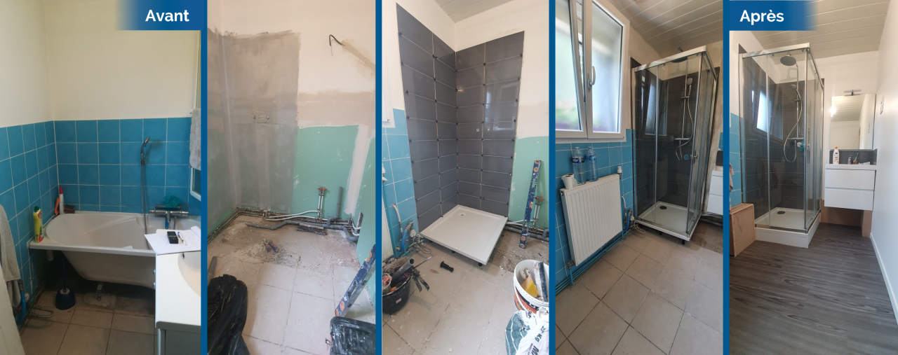 rénovation salle de bain avant après cabine de douche parquet faïence meuble vasque suspendu miroir éclairé peinture Saint-André-lez-Lille