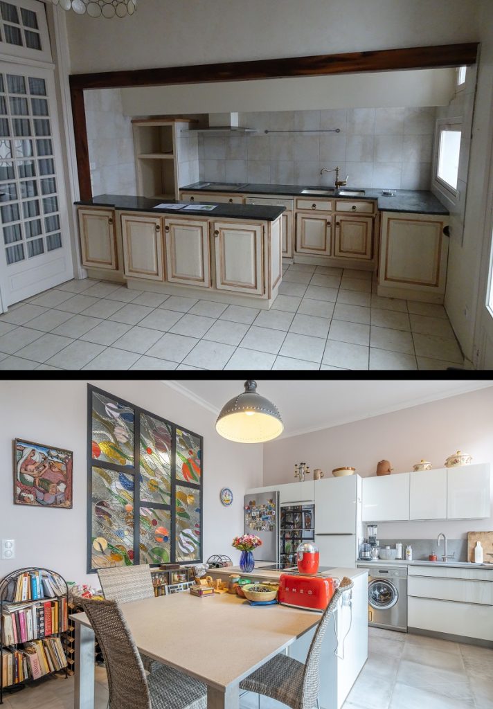 Avant / après cuisine - rénovation et transformation d'un appartement en 2 logements à Sète