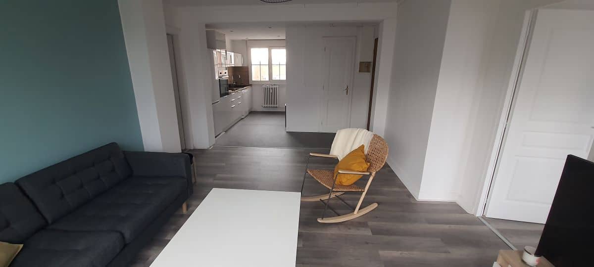 Salon avec cuisine ouverte - rénovation d'un appartement à Lille en vue d'une mise en location