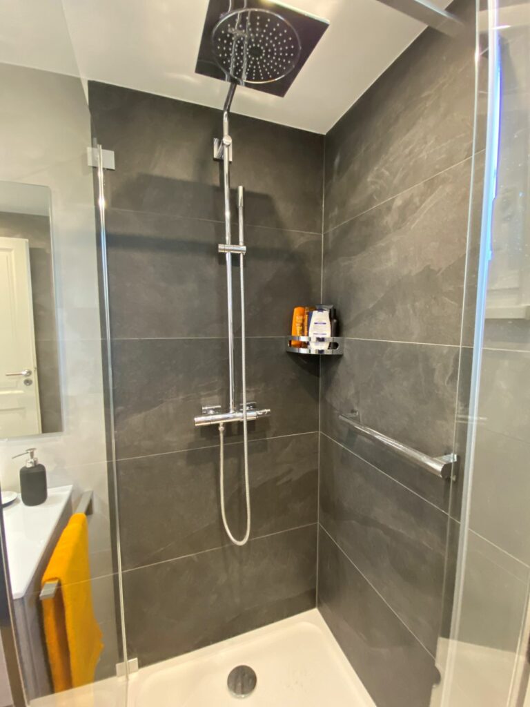 Rénovation d’une salle de bain à La Wantzenau - douche moderne grise