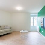 Rénovation d'un immeuble avec créations de 5 appartements à Jasseron : salon avec un mur peint en vert