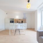 Rénovation d'un immeuble avec créations de 5 appartements à Jasseron : vue générale cuisine ouverte sur salon